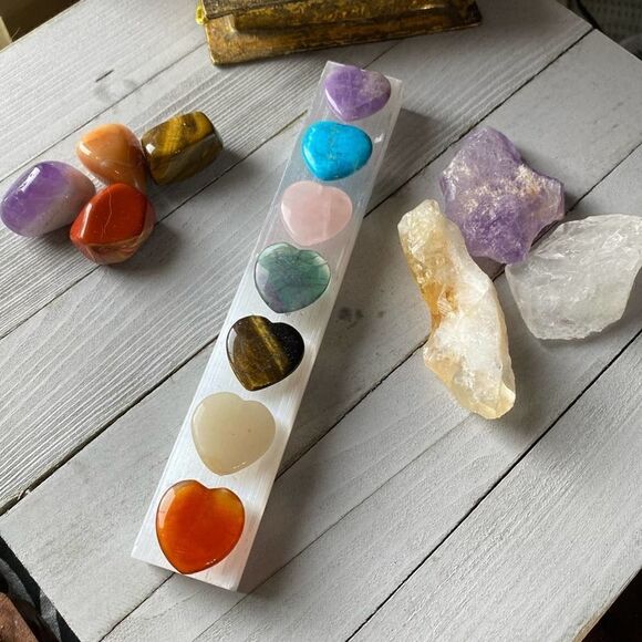 Chakra Selenite Heart Gemstone Plate Metaphysical - Picture 2 of 7